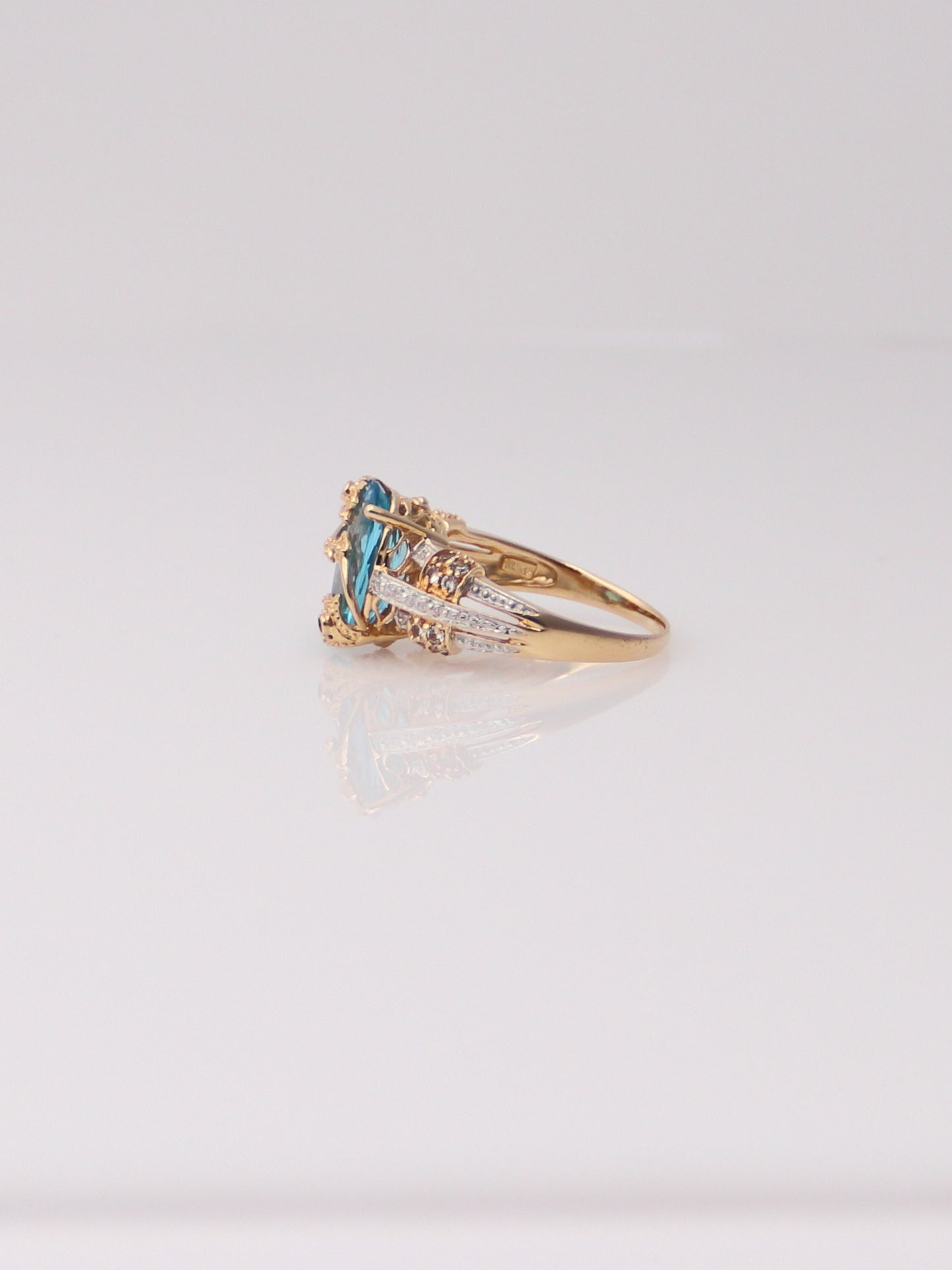 14K Two Tone Blue Topaz and Aquamarine Diamond Milgrain Ring