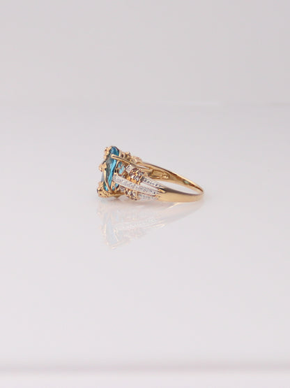 14K Two Tone Blue Topaz and Aquamarine Diamond Milgrain Ring