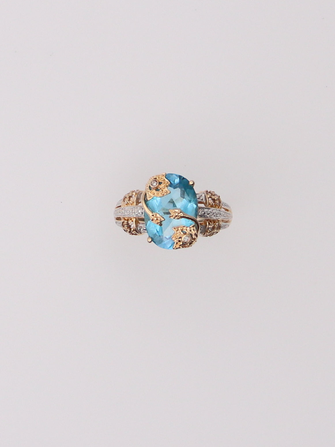 14K Two Tone Blue Topaz and Aquamarine Diamond Milgrain Ring