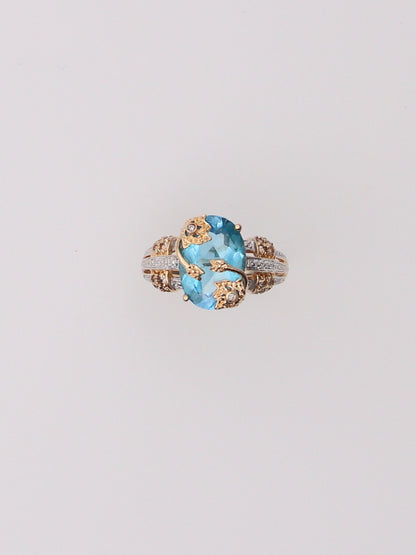14K Two Tone Blue Topaz and Aquamarine Diamond Milgrain Ring