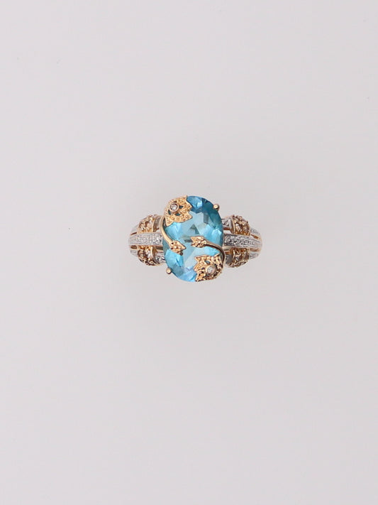 14K Two Tone Blue Topaz and Aquamarine Diamond Milgrain Ring
