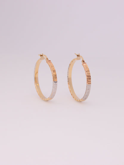 14K Tri-Tone Textured Hoop Earrings