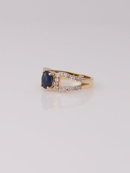 14K Yellow Gold Dark Blue Topaz Diamond Ring