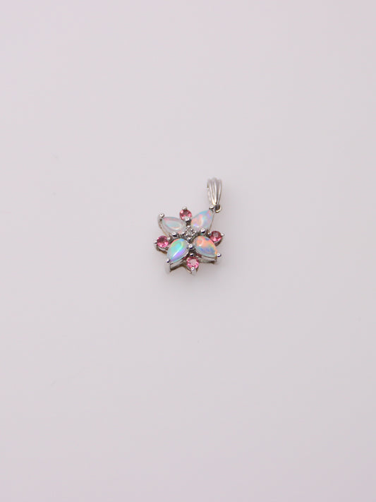 10K White Gold Opal and Tourmaline Diamond Pendant