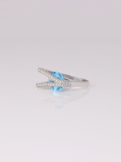 18K White Gold Sky Blue Topaz and Diamond Abstract Ring