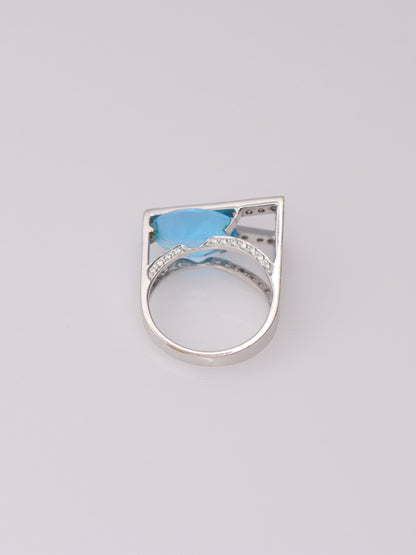 18K White Gold Sky Blue Topaz and Diamond Abstract Ring