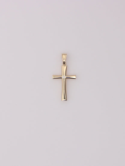 14k Yellow Gold Solitaire Diamond Cross Pendant