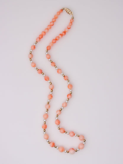 14K Yellow Gold Coral Bead Station Necklace