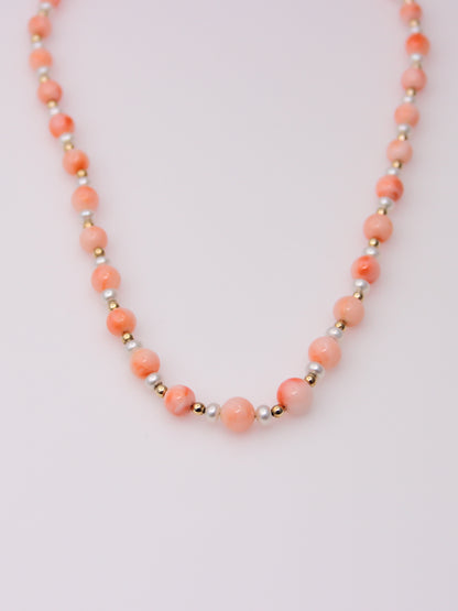 14K Yellow Gold Coral Bead Station Necklace