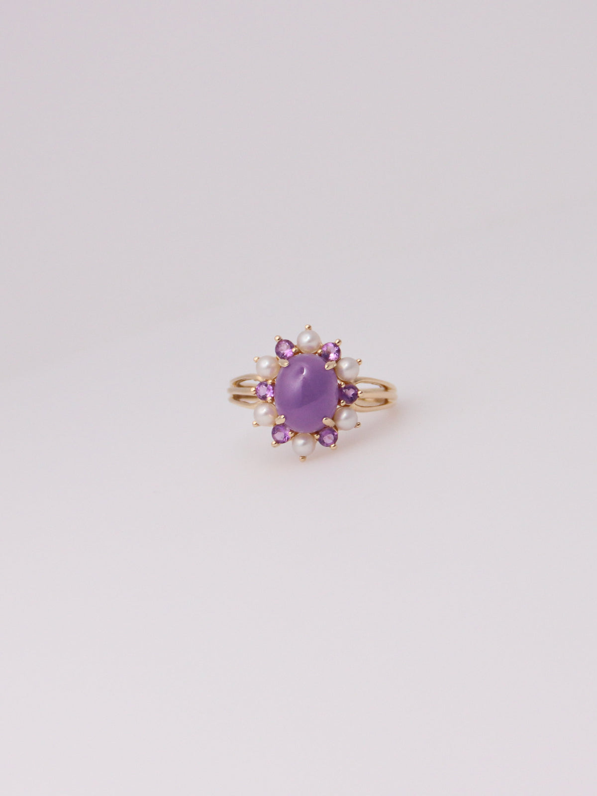 14K Yellow Gold Lavender Jade, Amethyst, and Pearl Ring
