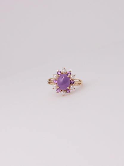 14K Yellow Gold Lavender Jade, Amethyst, and Pearl Ring