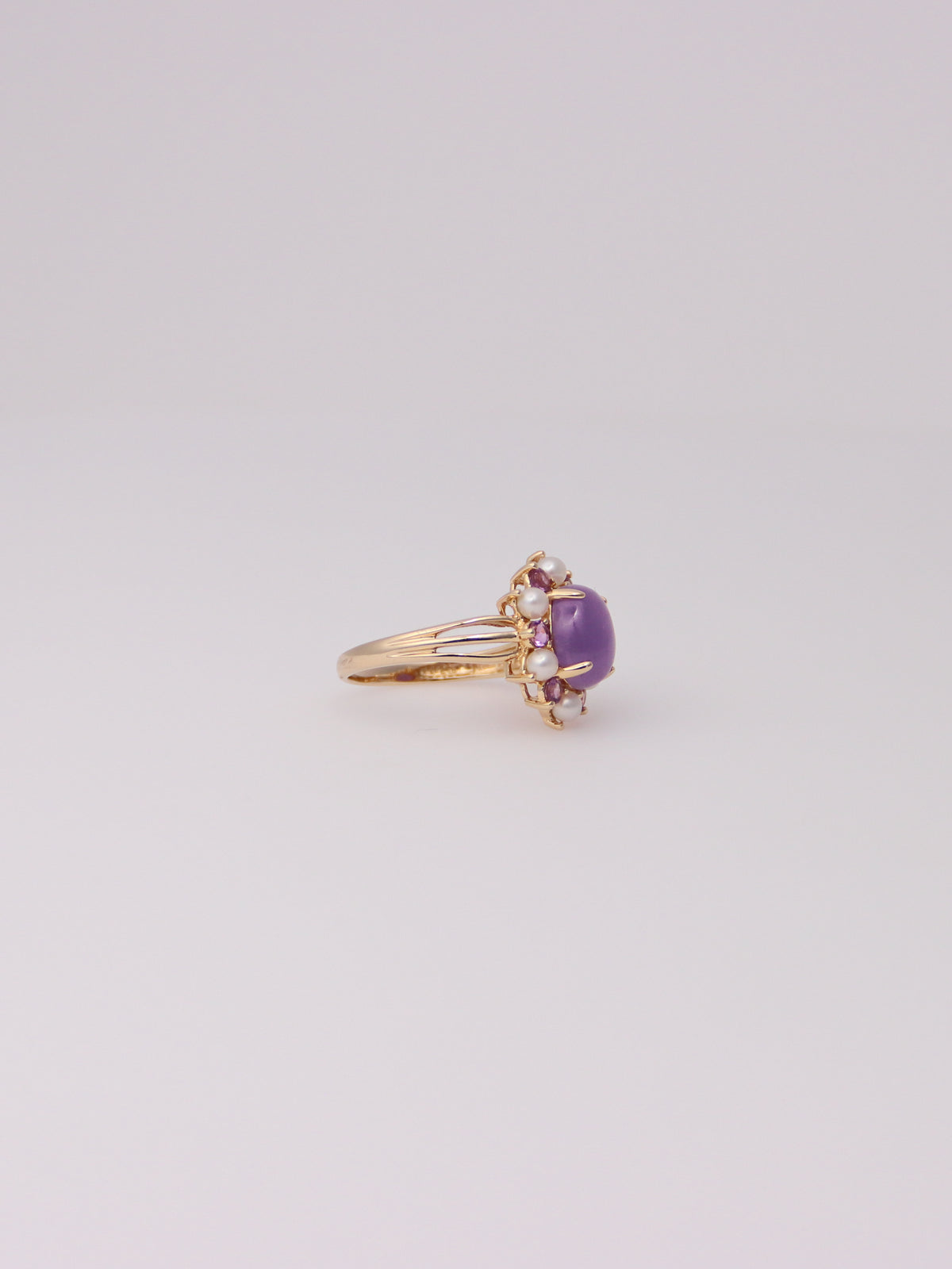 14K Yellow Gold Lavender Jade, Amethyst, and Pearl Ring