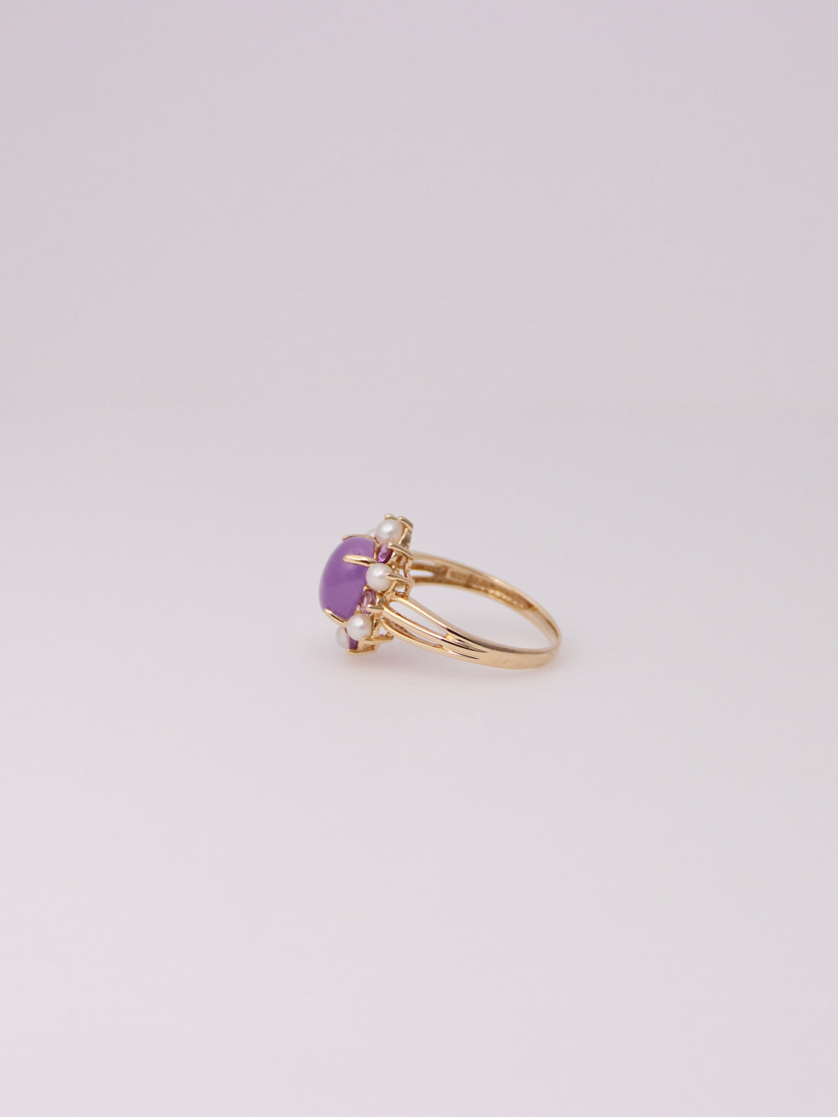 14K Yellow Gold Lavender Jade, Amethyst, and Pearl Ring