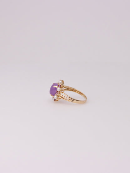14K Yellow Gold Lavender Jade, Amethyst, and Pearl Ring