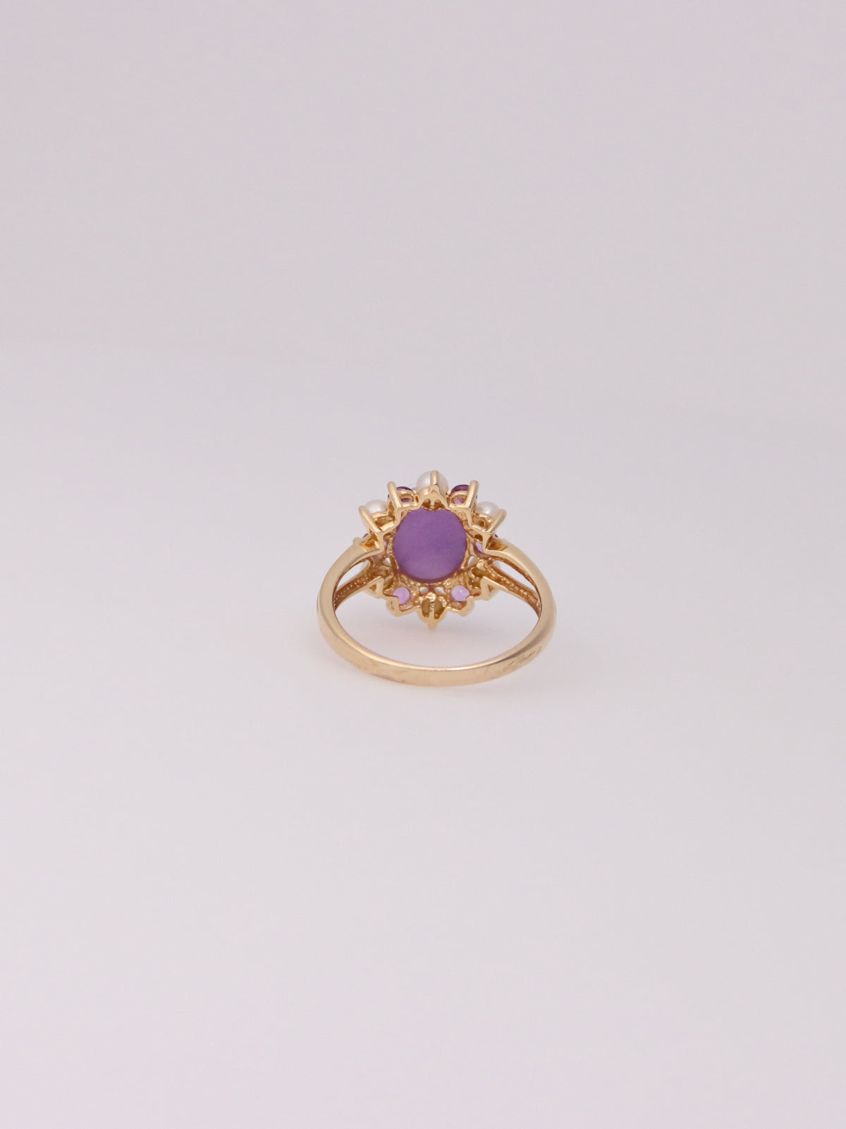 14K Yellow Gold Lavender Jade, Amethyst, and Pearl Ring