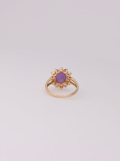 14K Yellow Gold Lavender Jade, Amethyst, and Pearl Ring