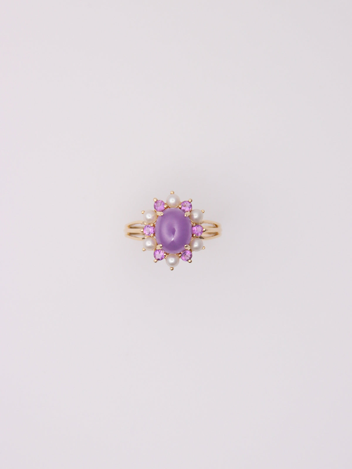 14K Yellow Gold Lavender Jade, Amethyst, and Pearl Ring