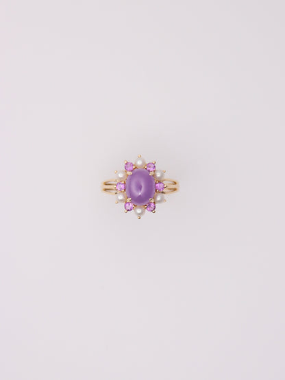 14K Yellow Gold Lavender Jade, Amethyst, and Pearl Ring