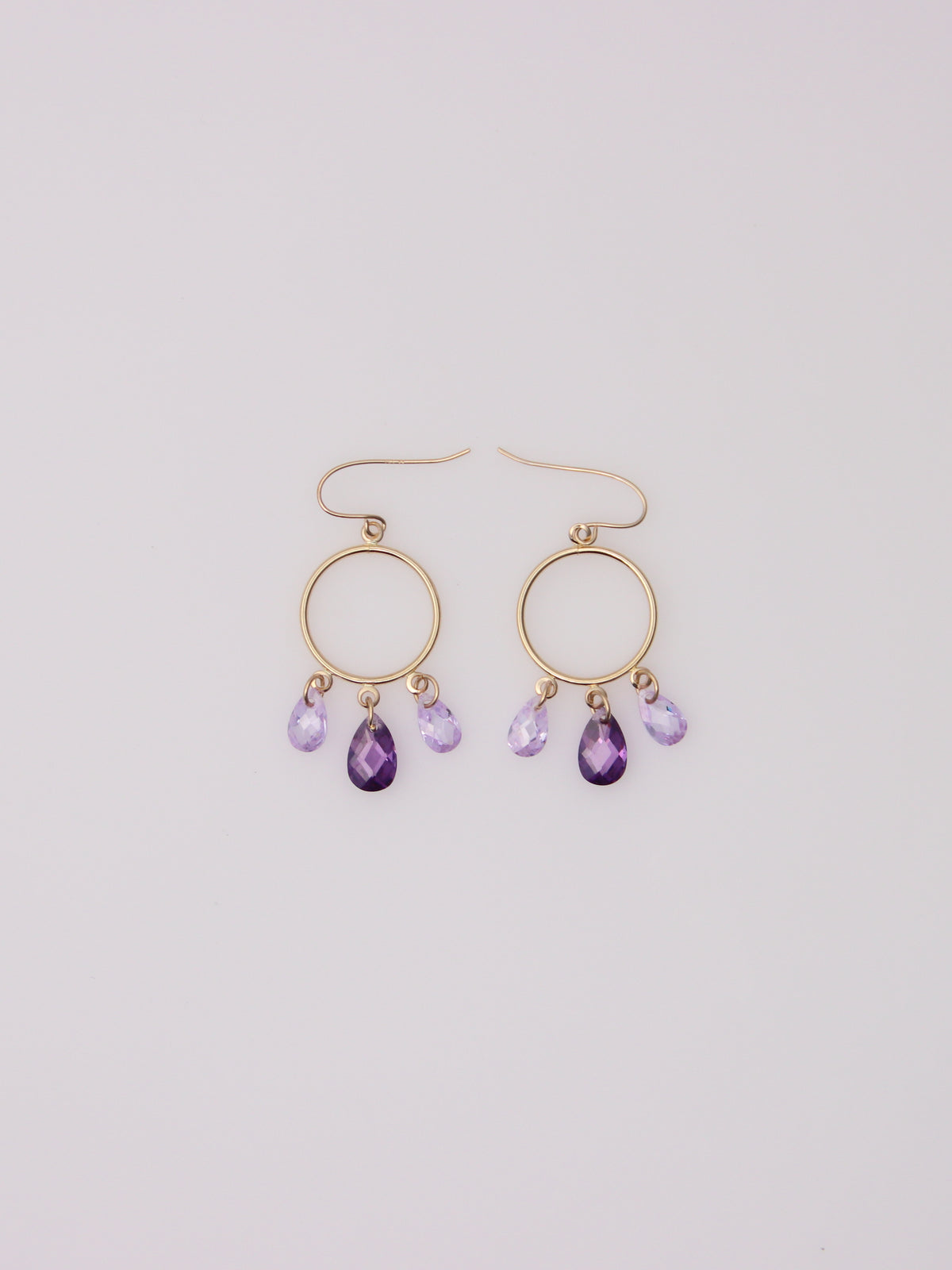 14K Yellow Gold Purple Glass Drop Hoop Earrings