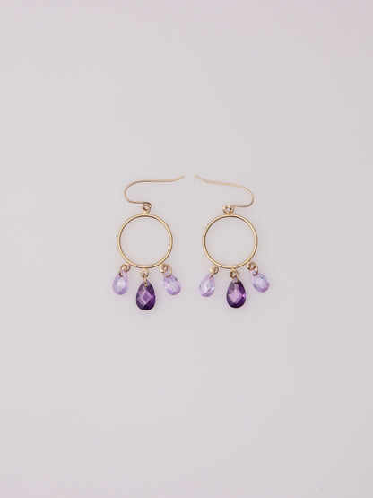14K Yellow Gold Purple Glass Drop Hoop Earrings