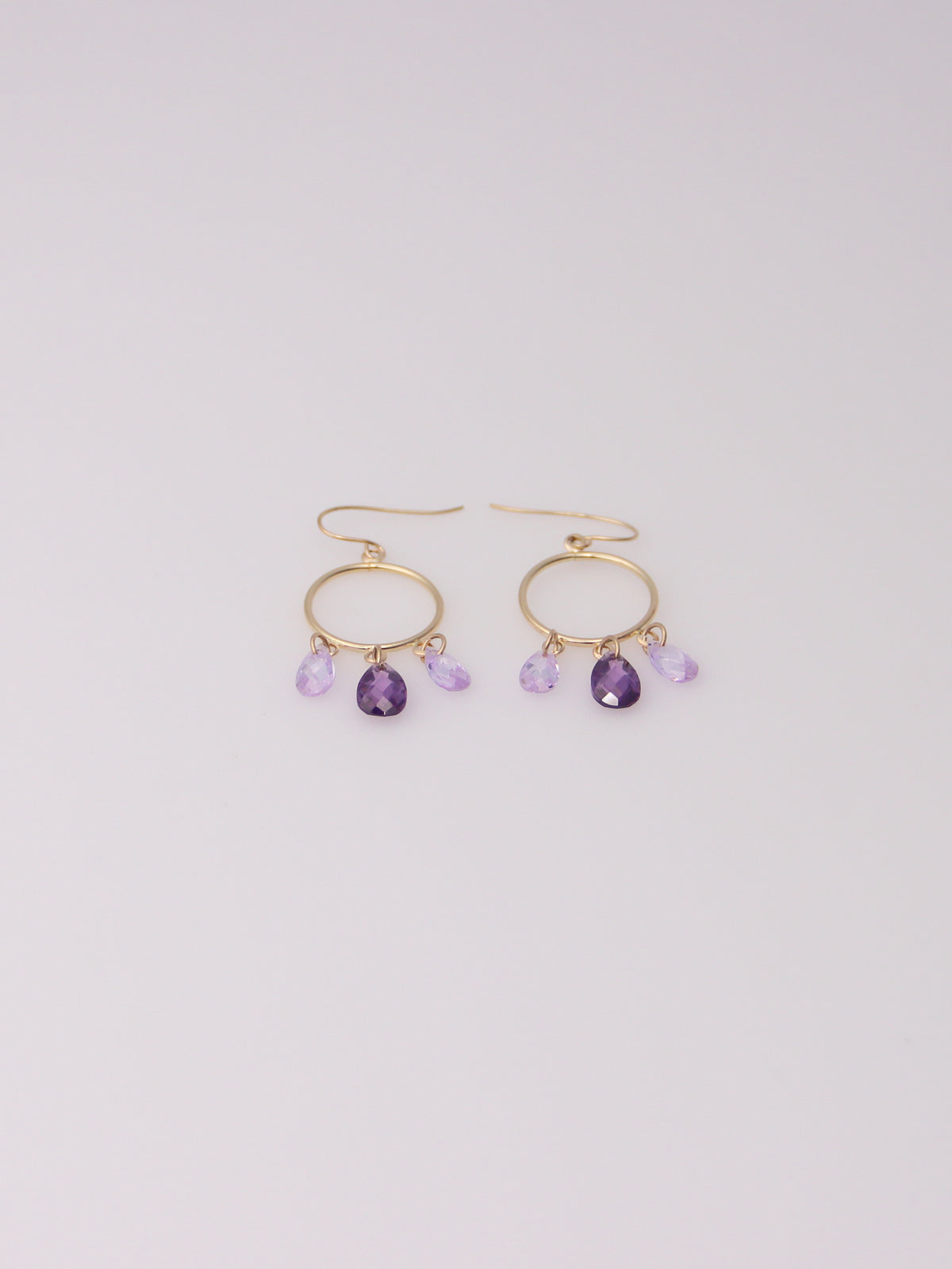 14K Yellow Gold Purple Glass Drop Hoop Earrings