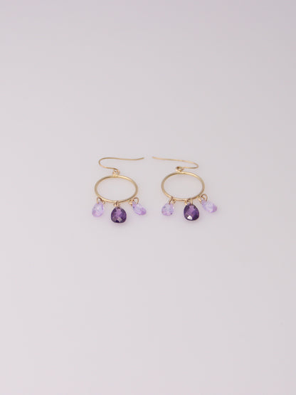 14K Yellow Gold Purple Glass Drop Hoop Earrings