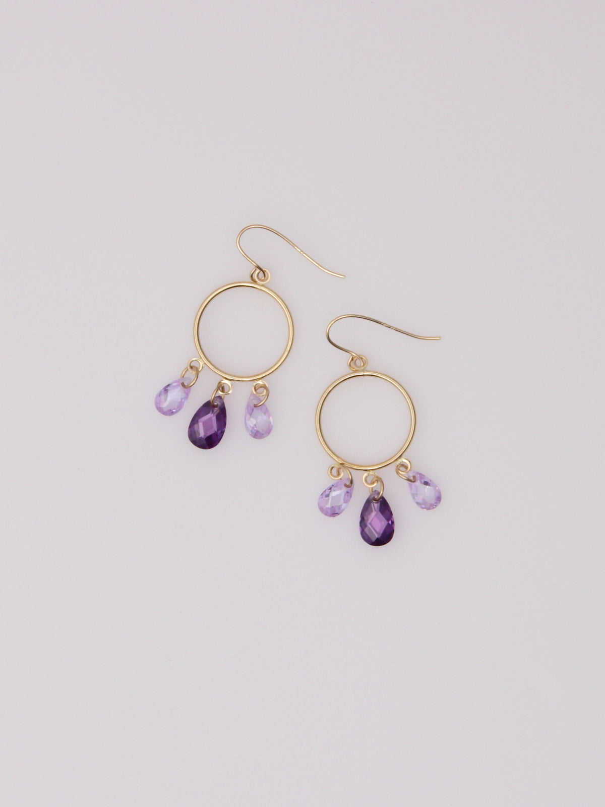 14K Yellow Gold Purple Glass Drop Hoop Earrings