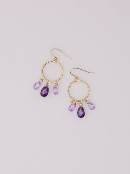 14K Yellow Gold Purple Glass Drop Hoop Earrings