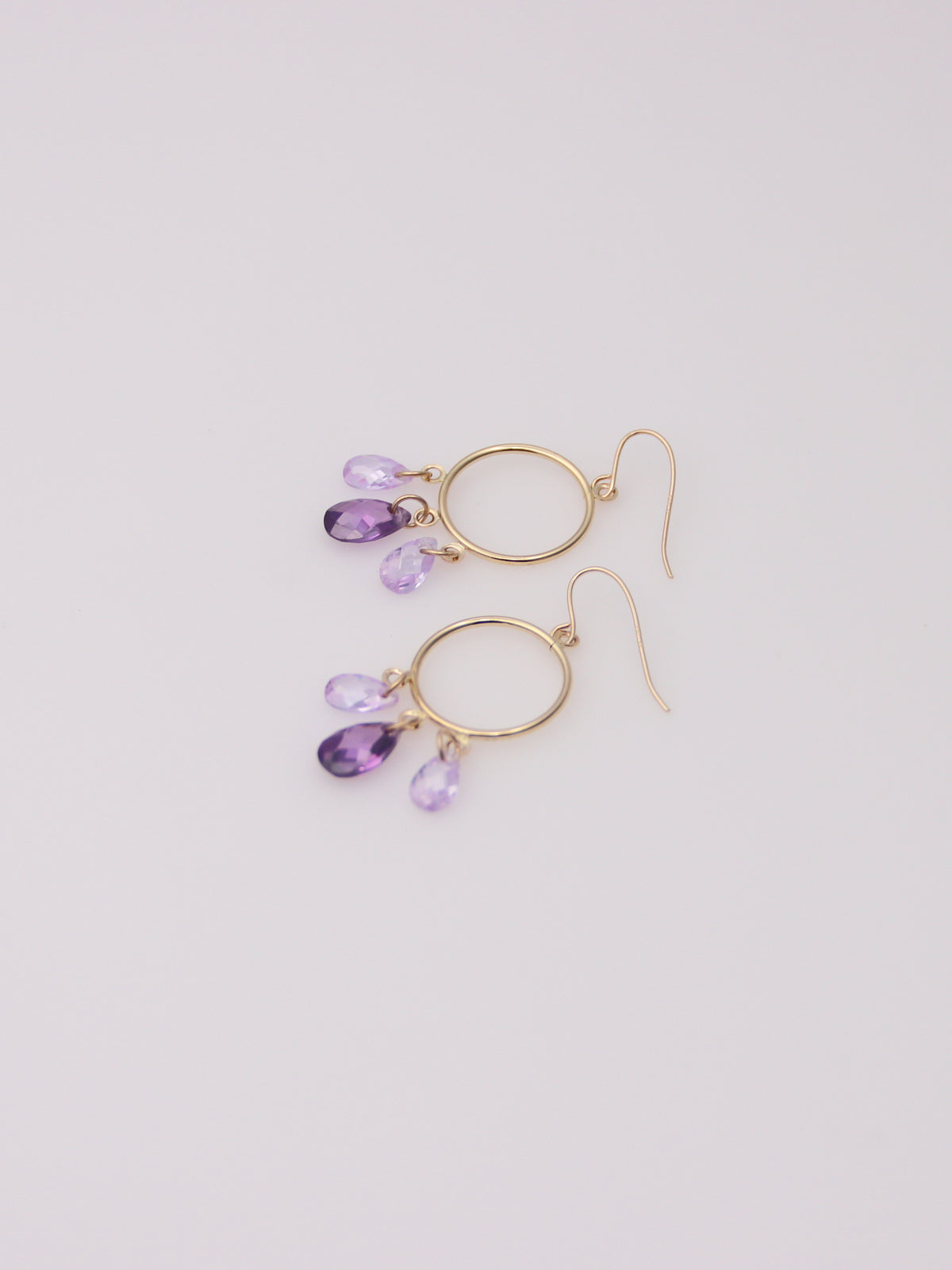 14K Yellow Gold Purple Glass Drop Hoop Earrings