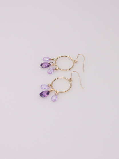 14K Yellow Gold Purple Glass Drop Hoop Earrings