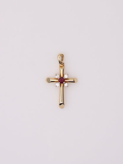 14K Yellow Gold Ruby and Diamond Cross Pendant