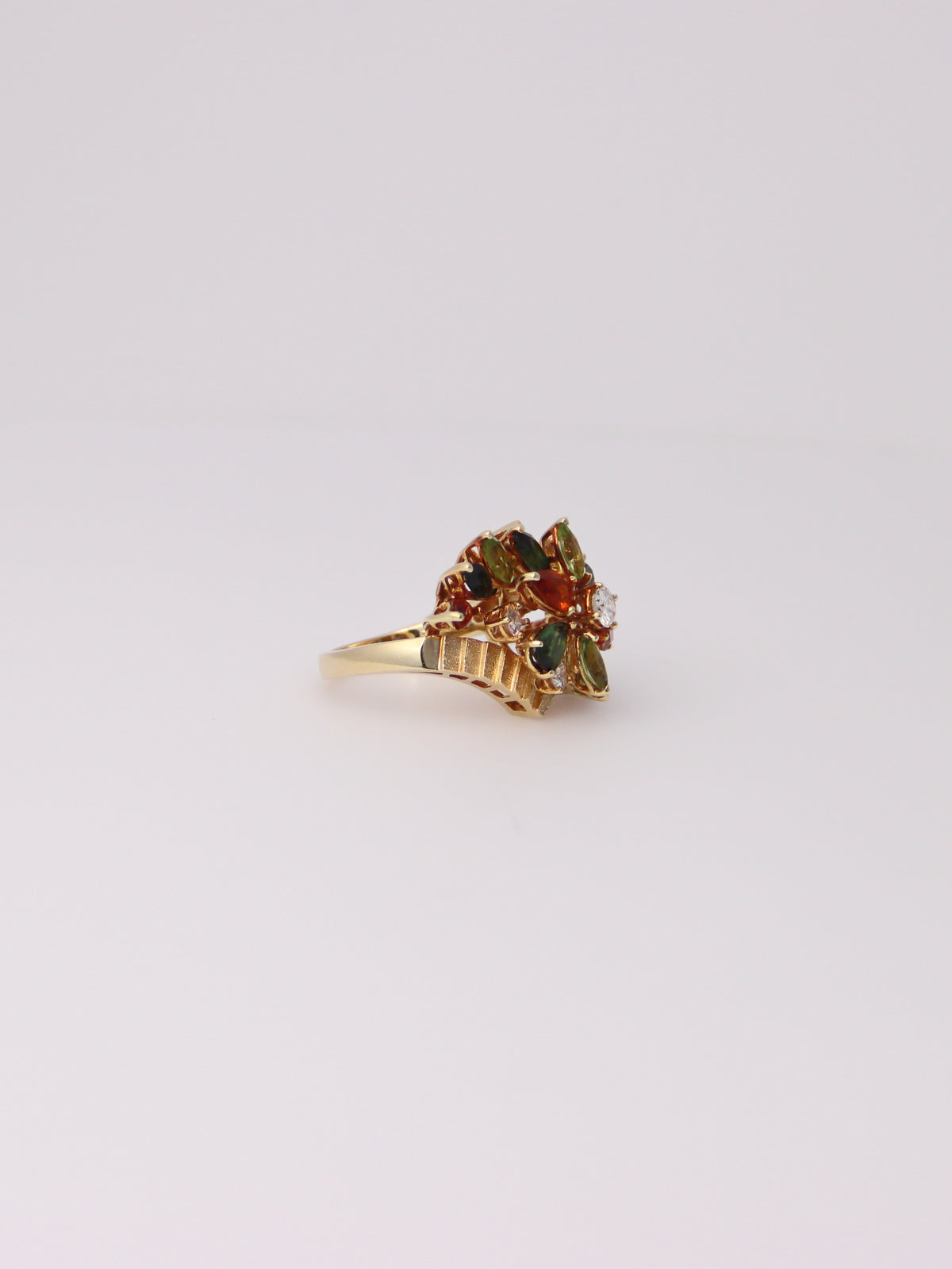 18K Yellow Gold Multi-Gemstone and Diamond Cluster Ring