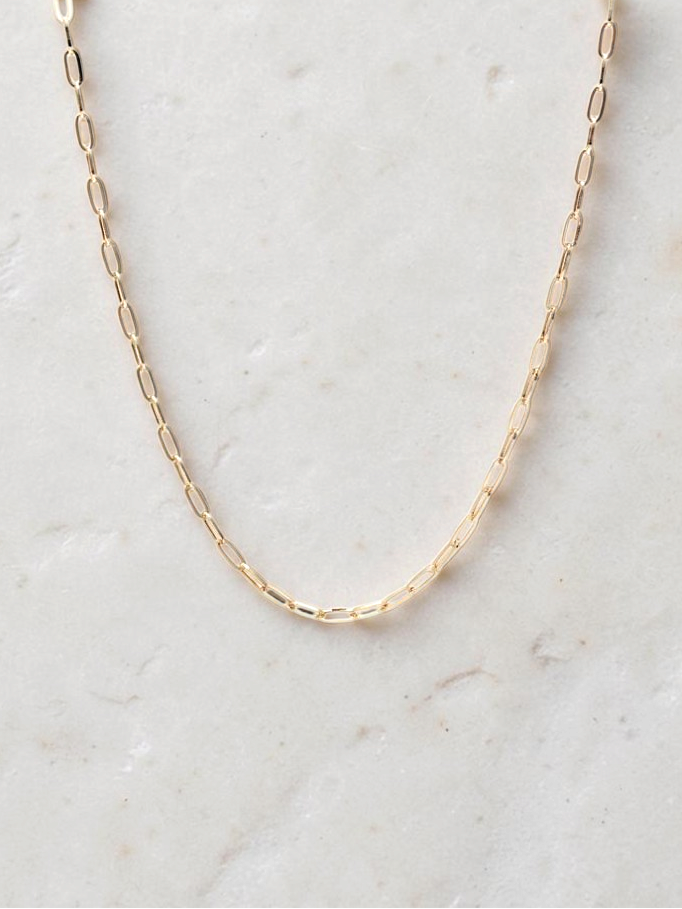 Zafrah 14k yellow gold paperclip chain necklace measuring 19.5 inches in length with 2mm wide links.