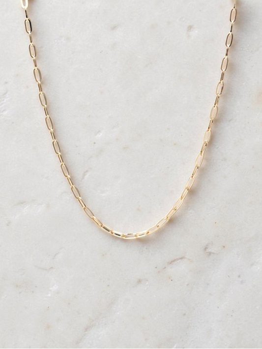 Zafrah 14k yellow gold paperclip chain necklace measuring 19.5 inches in length with 2mm wide links.