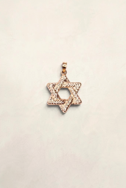 Zafrah 14K yellow gold Star of David pendant featuring an intricate engraved leaf pattern on a light background