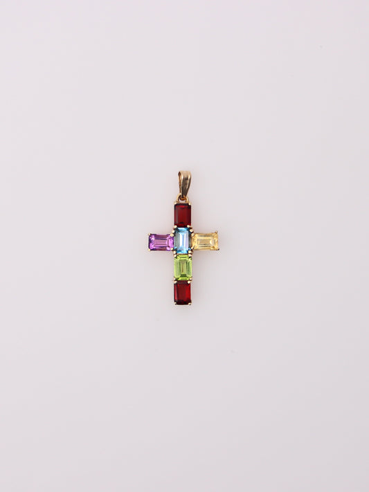 14K Yellow Gold Gemstone Cross Pendant