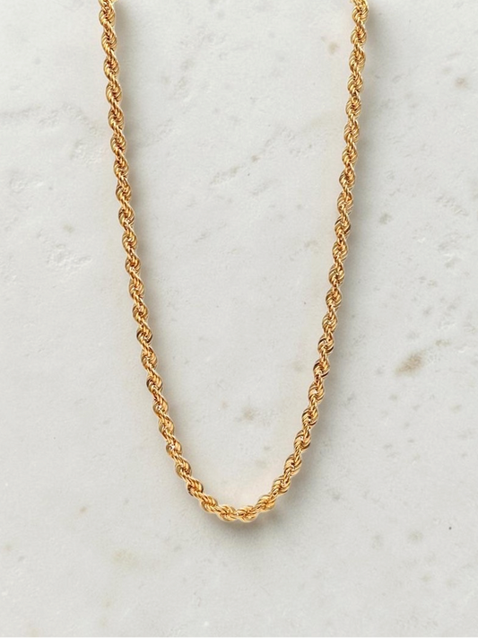 Zafrah 14k yellow gold rope chain necklace, 4mm thick and 23.5 inches long with a secure lobster clasp.