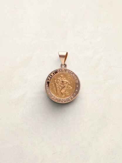 Zafrah 14k yellow gold round St. Christopher pendant featuring Saint Christopher Protect Us engraving