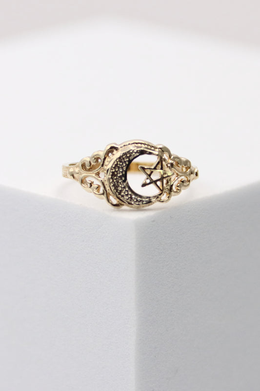 10K Yellow Gold Moon and Star Ring