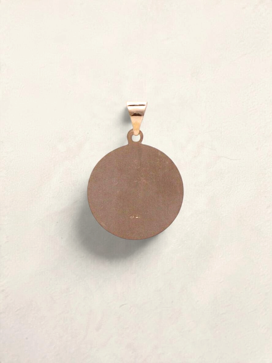 Zafrah 14k yellow gold round St. Christopher pendant with a smooth polished back surface