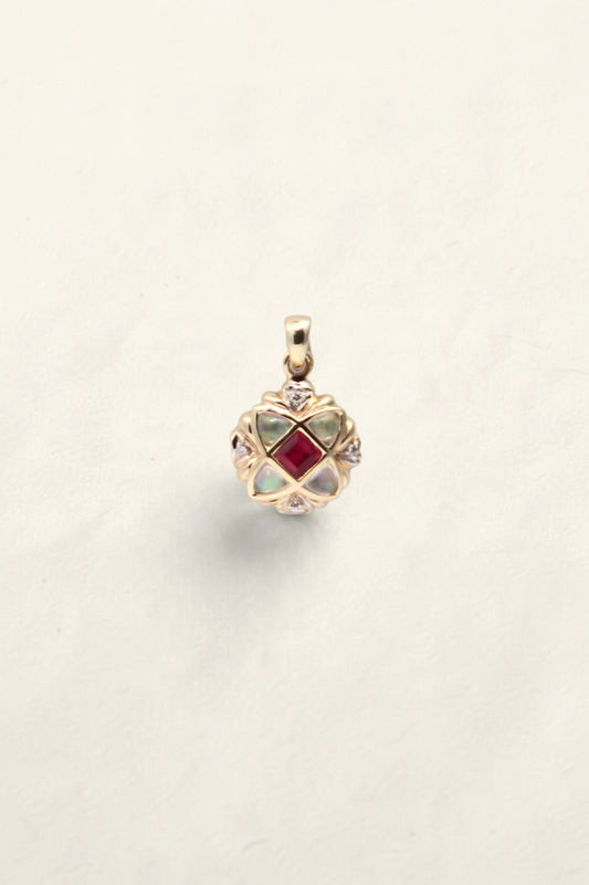 Zafrah 14k yellow gold pendant featuring a square ruby, opals, and round diamonds in a floral-inspired setting.