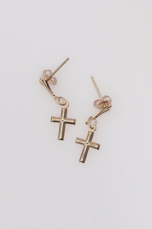 14K Yellow Gold Dainty Cross Earrings