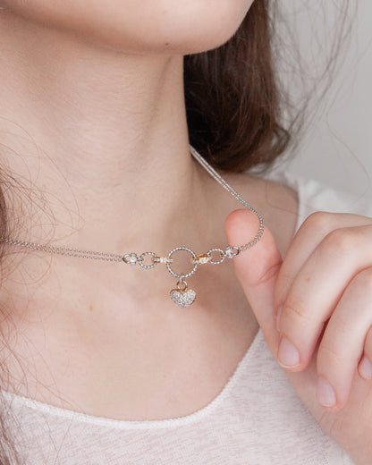 14K Two Tone Double Link Diamond Heart Pendant Necklace