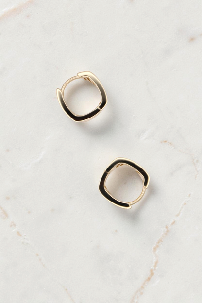 Zafrah thick rectangle huggie hoop earrings crafted in 14k solid gold with a polished finish.