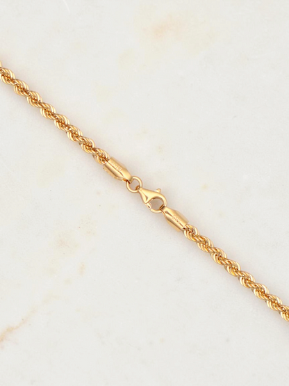 Zafrah 14k yellow gold 3mm rope chain necklace with a secure lobster clasp closure, 21.5 inches long.