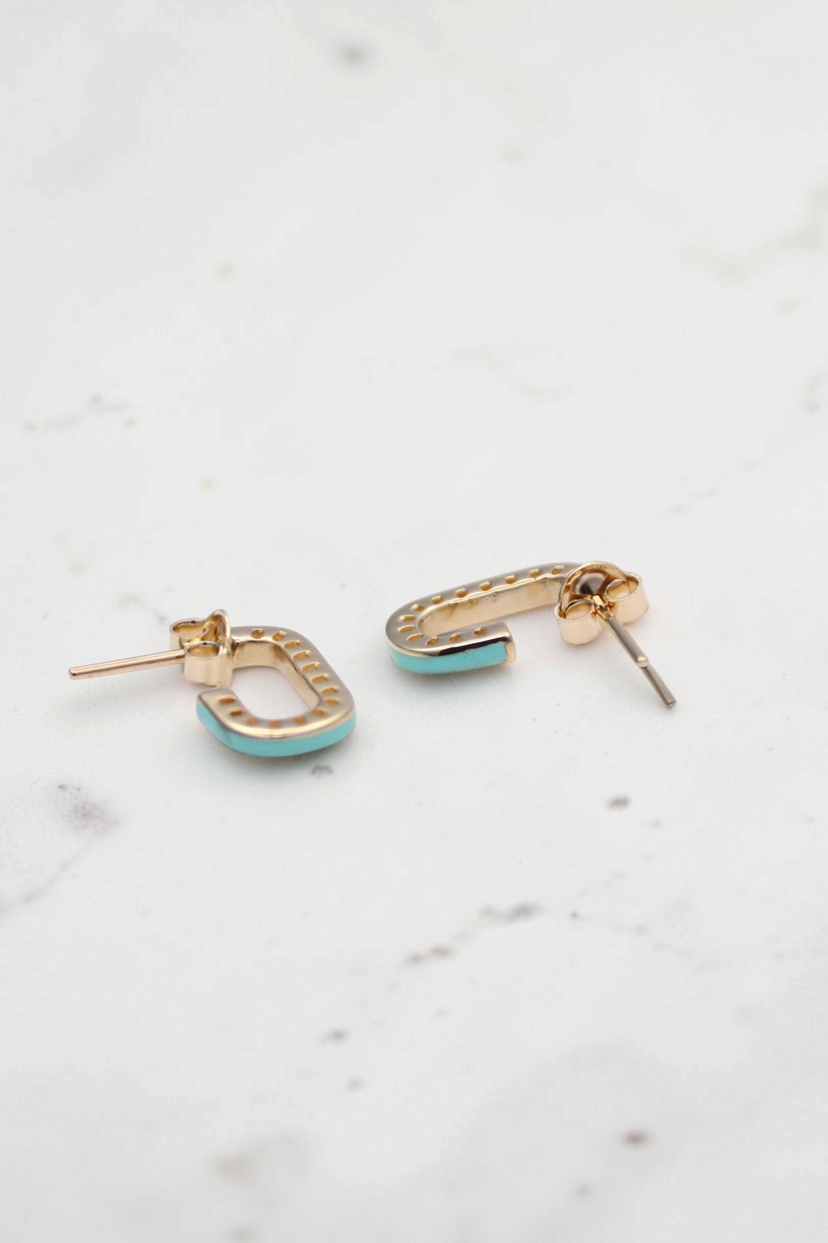 Zafrah 14k solid gold stud earrings featuring a dainty rectangular shape with vibrant turquoise inlay