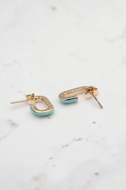 Zafrah 14k solid gold stud earrings featuring a dainty rectangular shape with vibrant turquoise inlay