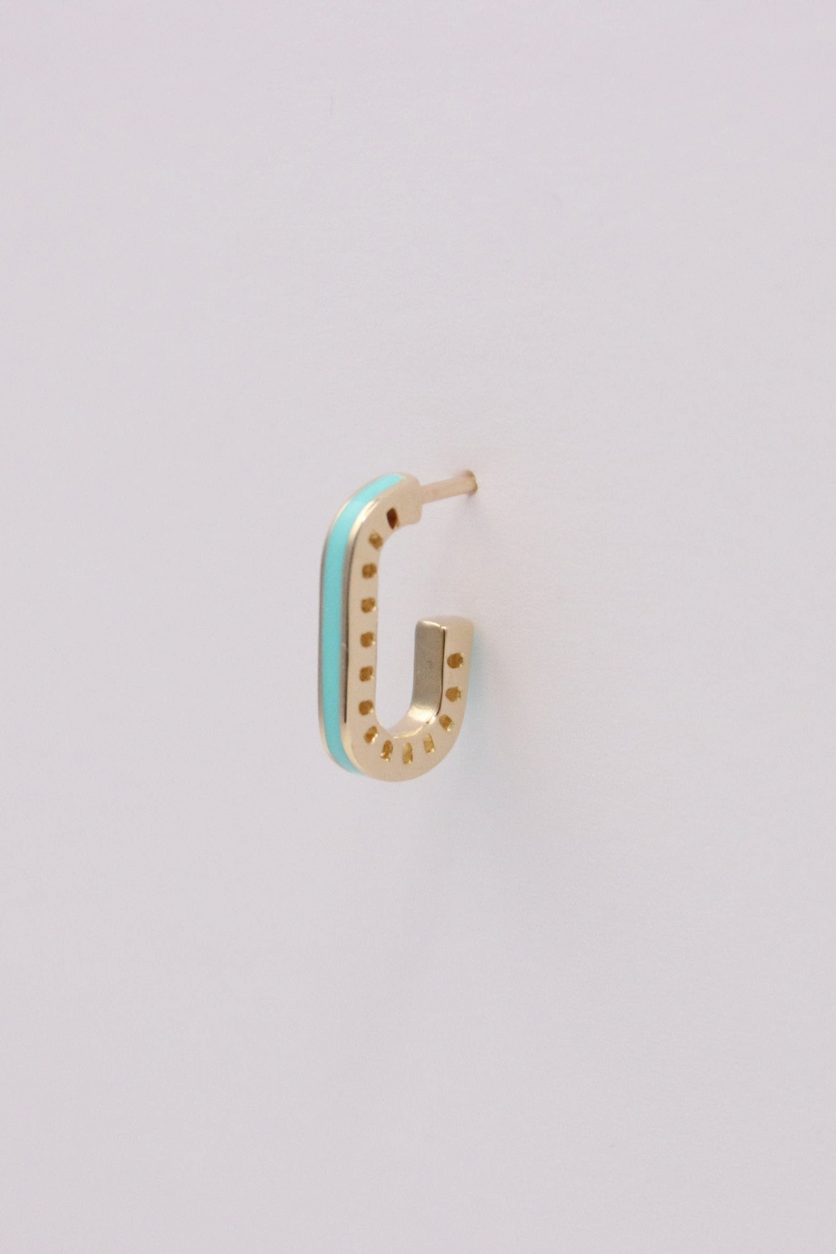 Zafrah 14k solid gold rectangular stud earring featuring a dainty turquoise enamel inlay on a light background.