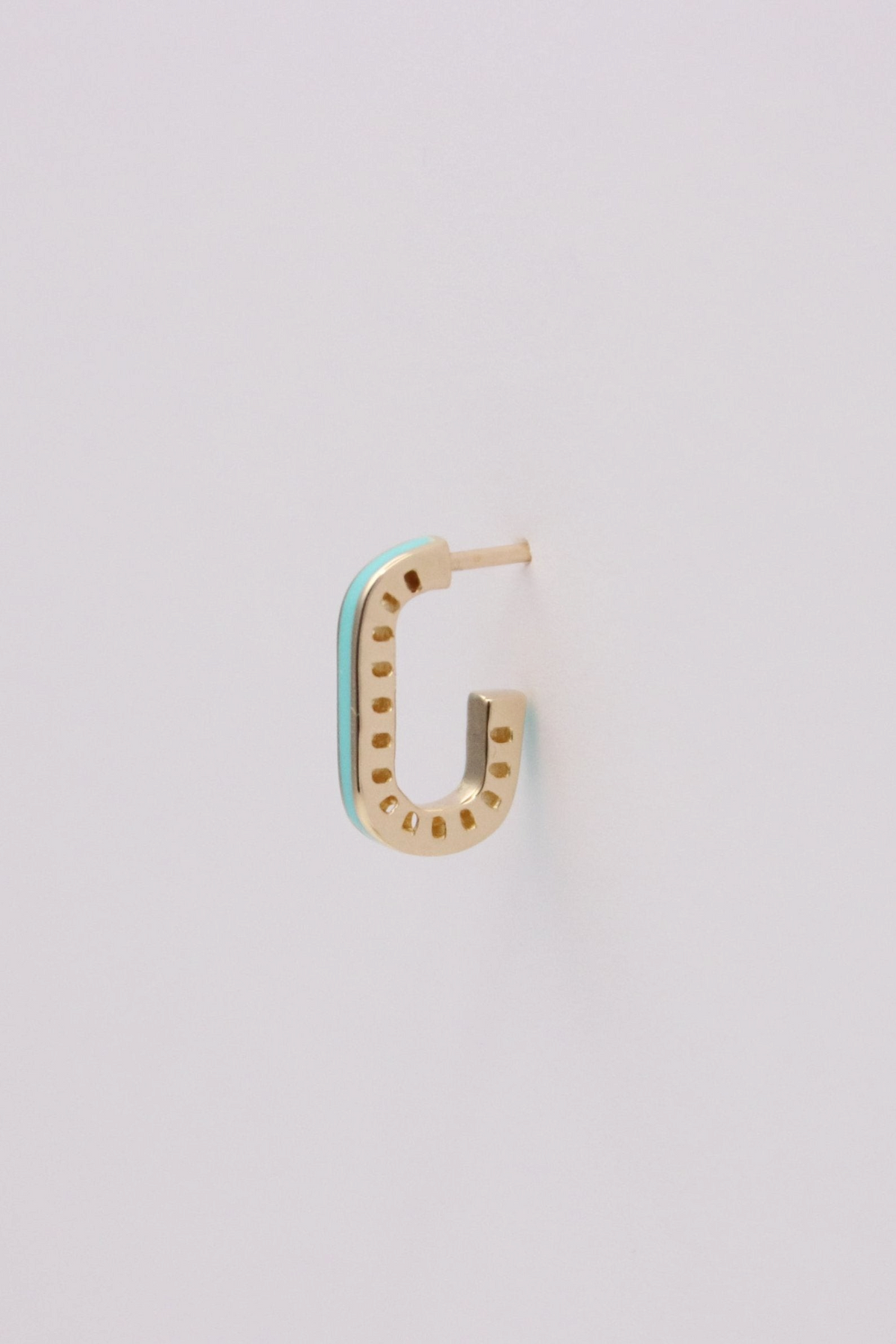 Zafrah 14k solid gold rectangular stud earring featuring a dainty turquoise enamel inlay on a curved frame.