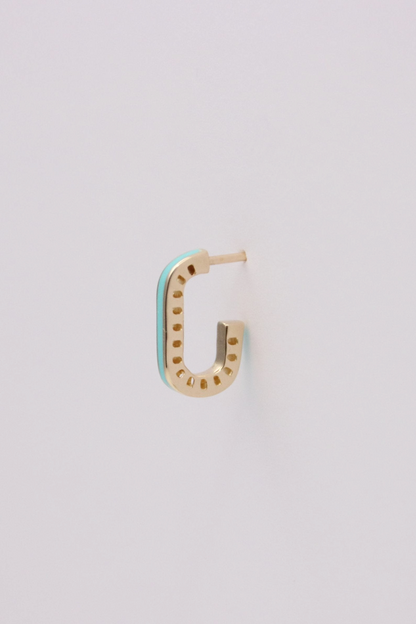 Zafrah 14k solid gold rectangular stud earring featuring a dainty turquoise enamel inlay on a curved frame.